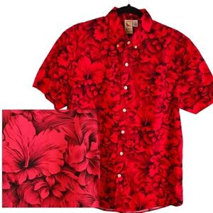 Size Large Ken LTD Mens Dress Shirt Red Floral, Cotton Tropical Fall